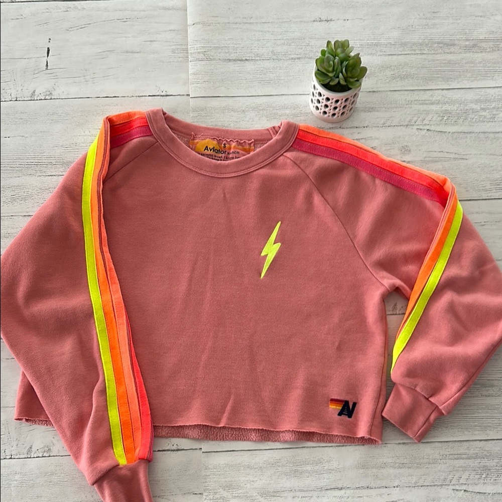Aviator Nation Avocado Pink and Yellow Cropped Sweatshirt with Lightning Bolt